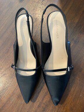 Size 7 Marc Fisher sling-back pumps, black leather with silver buckles